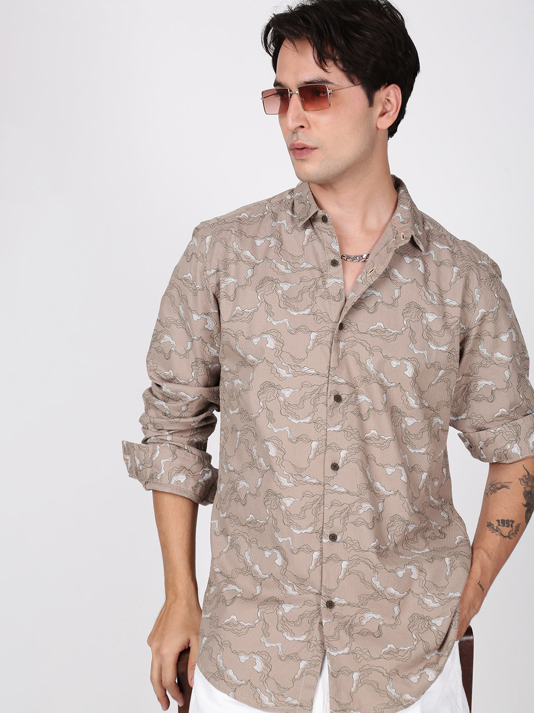 Men Khaki Abstract pritn Slim Fit Shirt