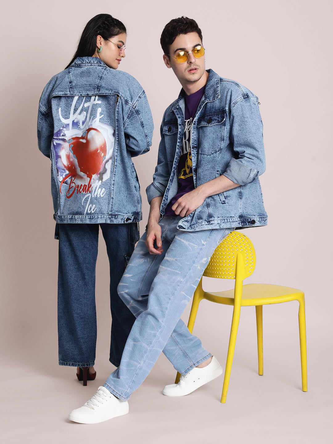 Gender fluid Lets Break The Ice Detachable Back Print Panel Denim Jacket