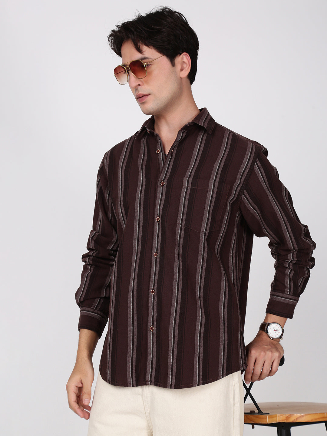 Men Brown Striped Single Pocket Shirt