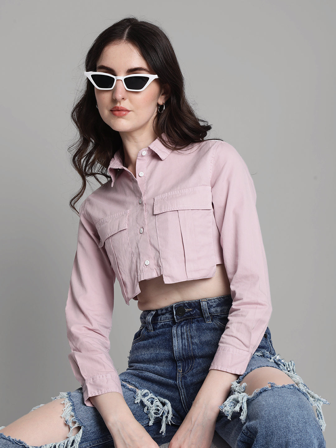 Women Lilac Long Sleeve Cropped Shirt with Oversized Pockets