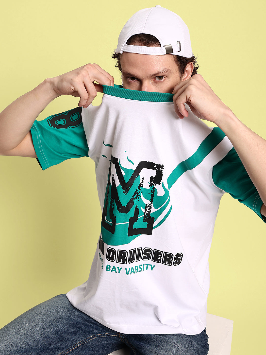 Men White/Turq Oversized Varsity Printed T-Shirt