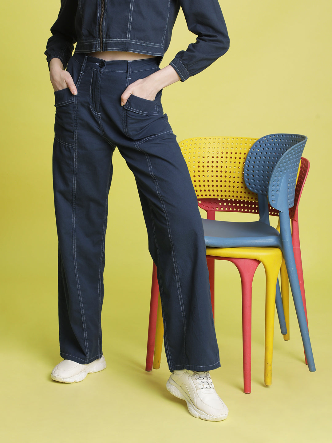 Women Blue Contrast stitch Trouser