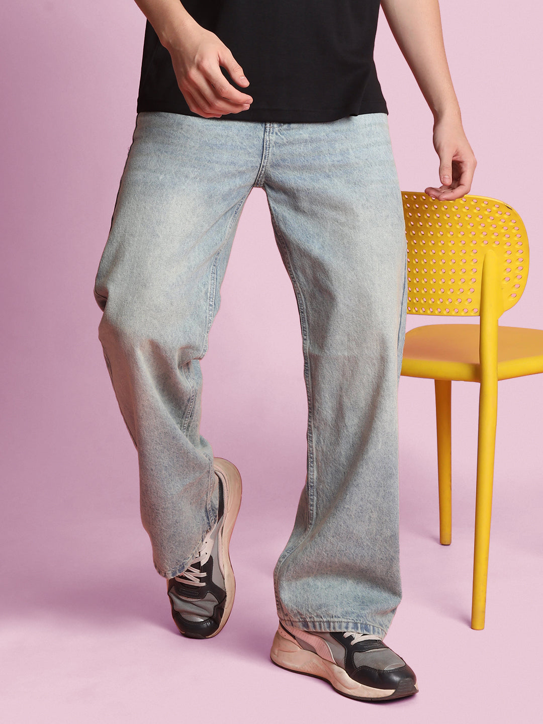 Men Light Blue Wide Leg Denim Trouser