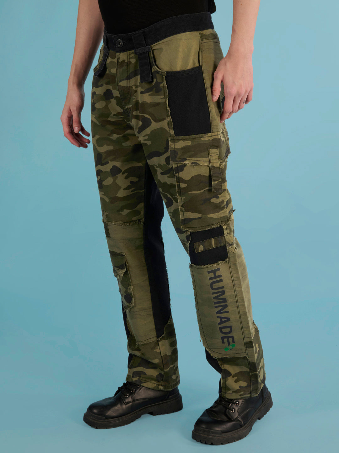 Men Black Jeans With Camo Print Patch Work