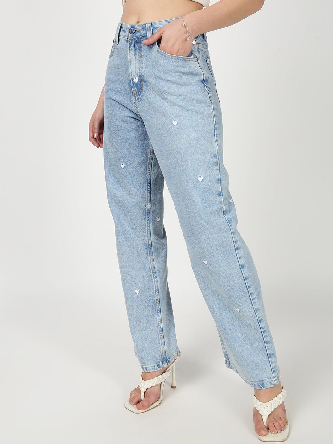 Women Blue Heart Embroidery Jeans