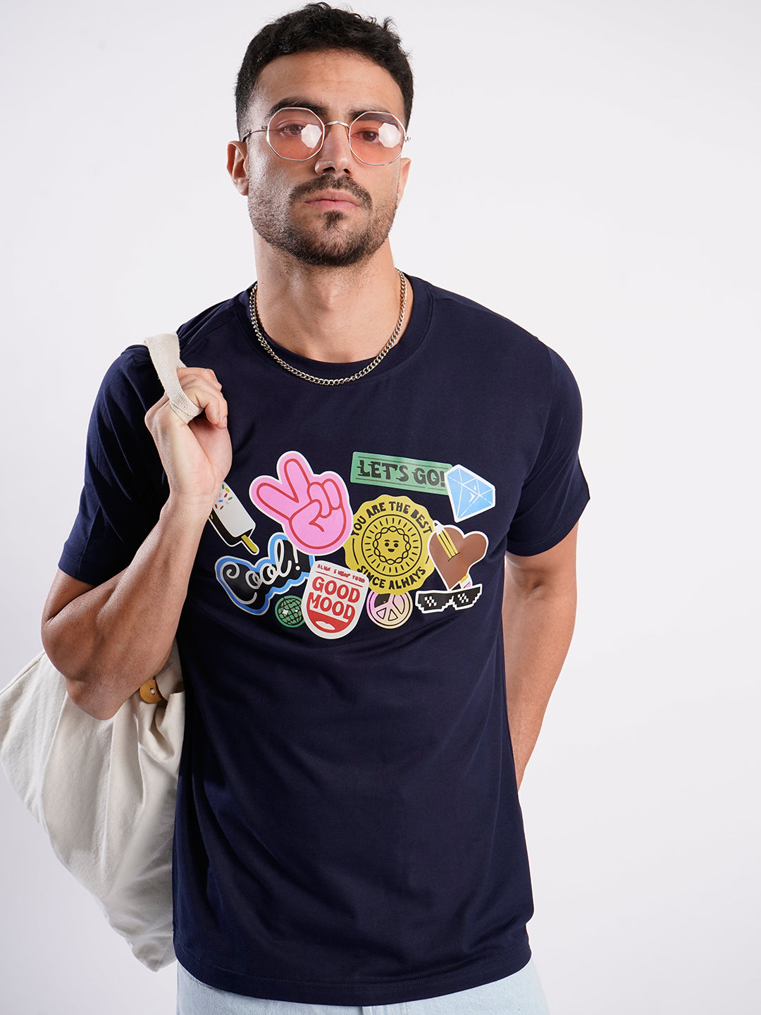 Men Navy Cotton Lycra Graphic Print T-shirt