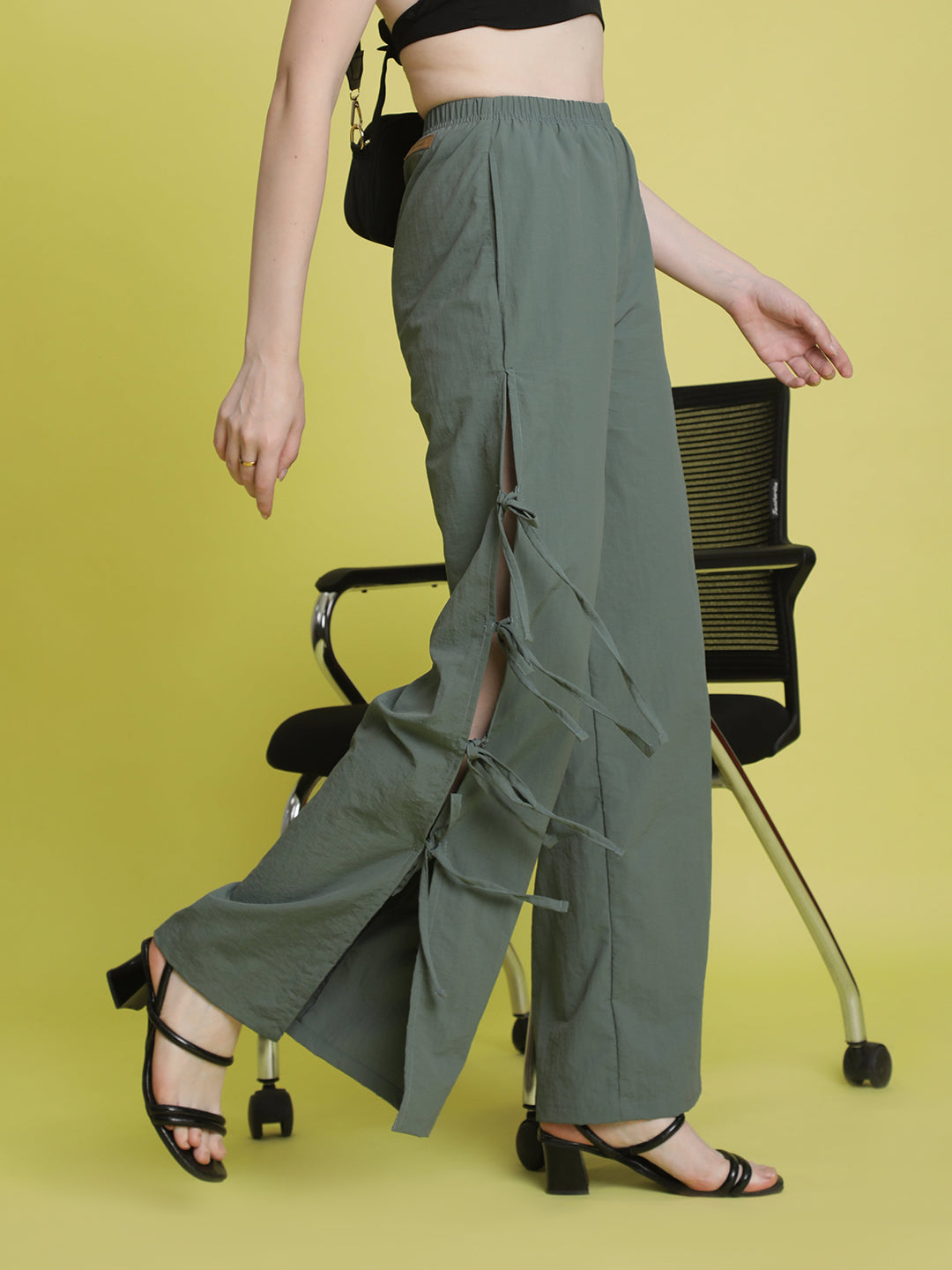 Women Green Wide Leg Trouser with side Tie up