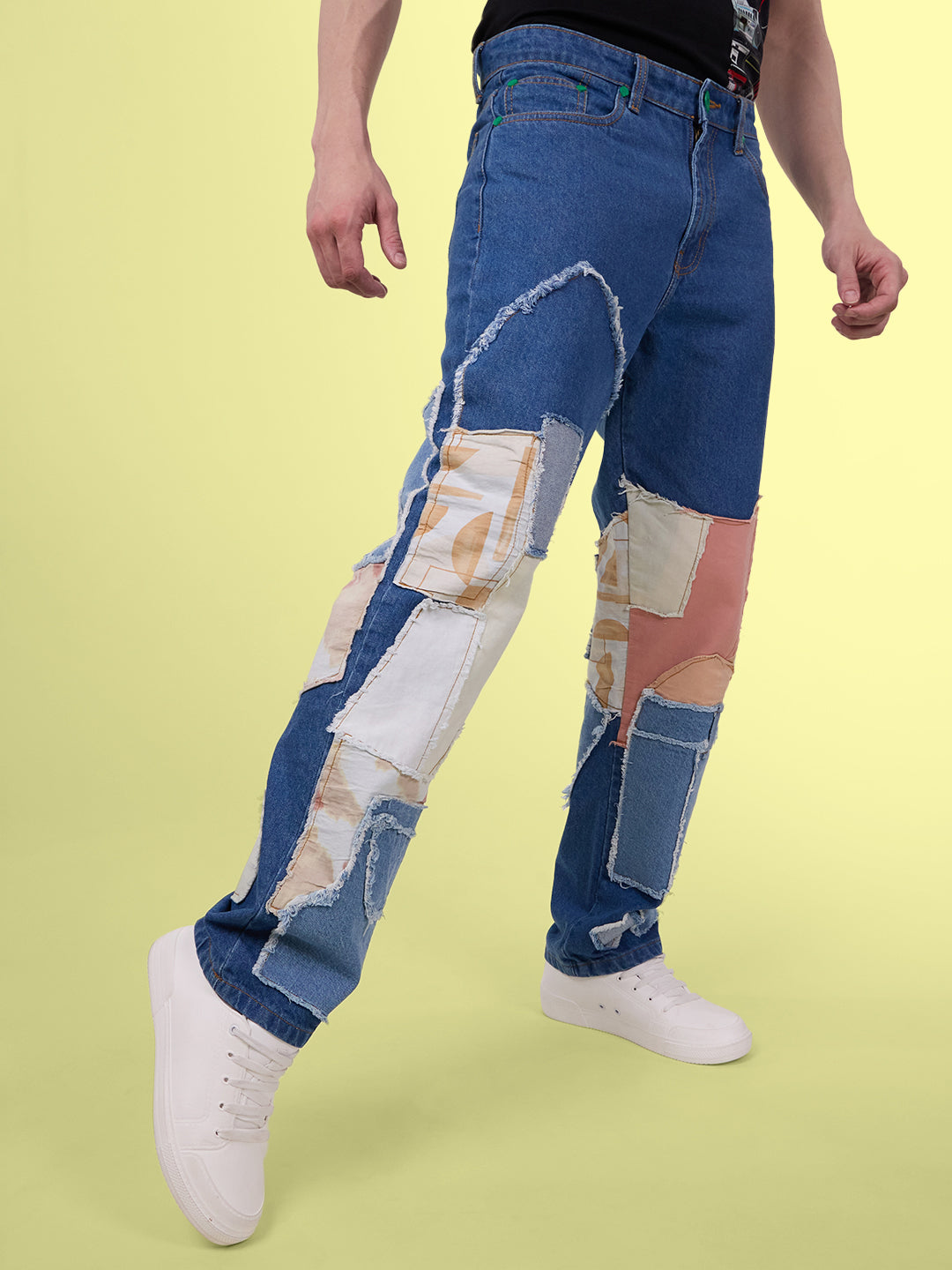 Men Blue Relaxed Fit Jeans with Patchwork