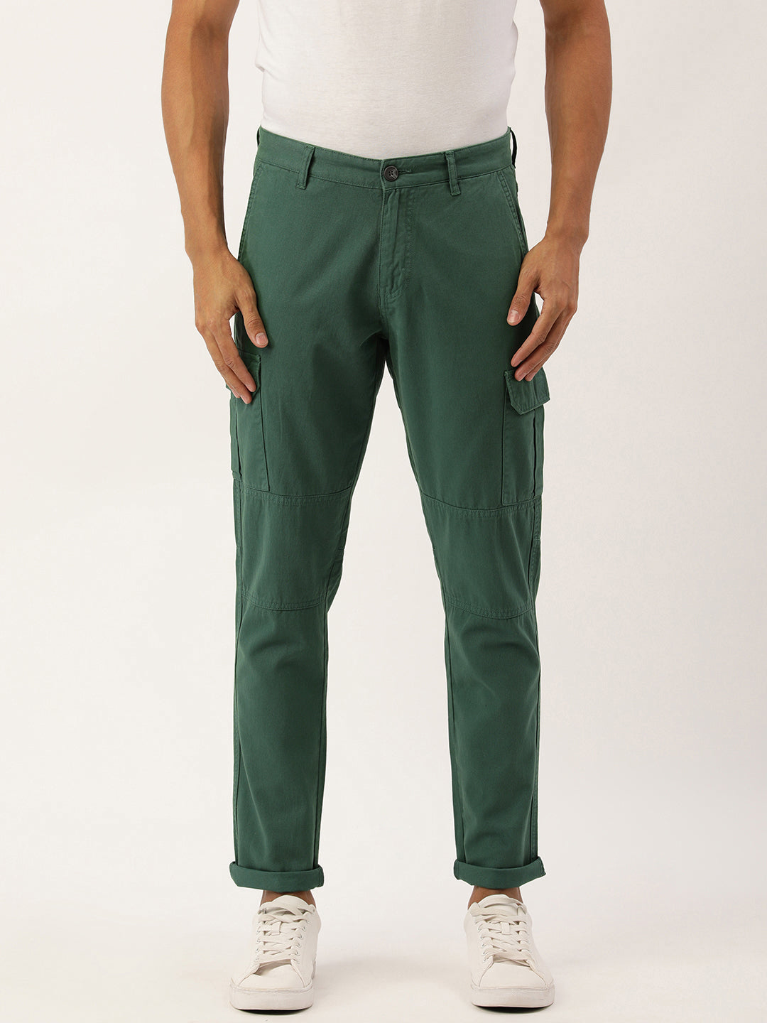 Men Basil Green Slim Fit Solid Cargo Trouser