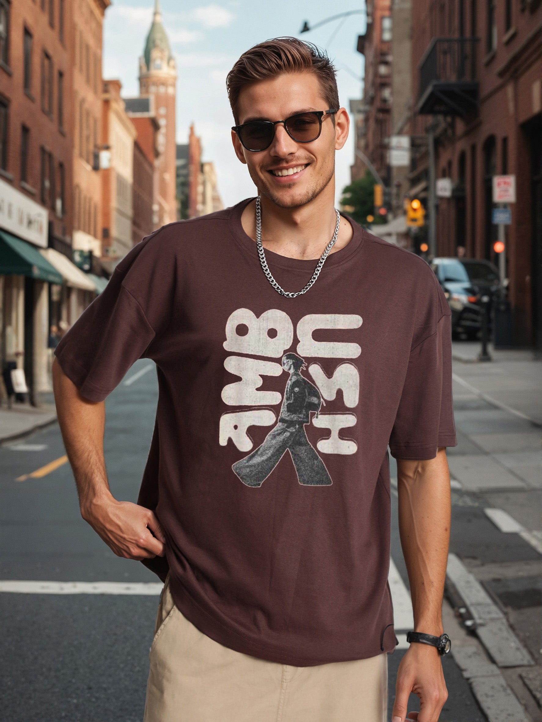 Men Brown Graphic Print Oversize T Shirt