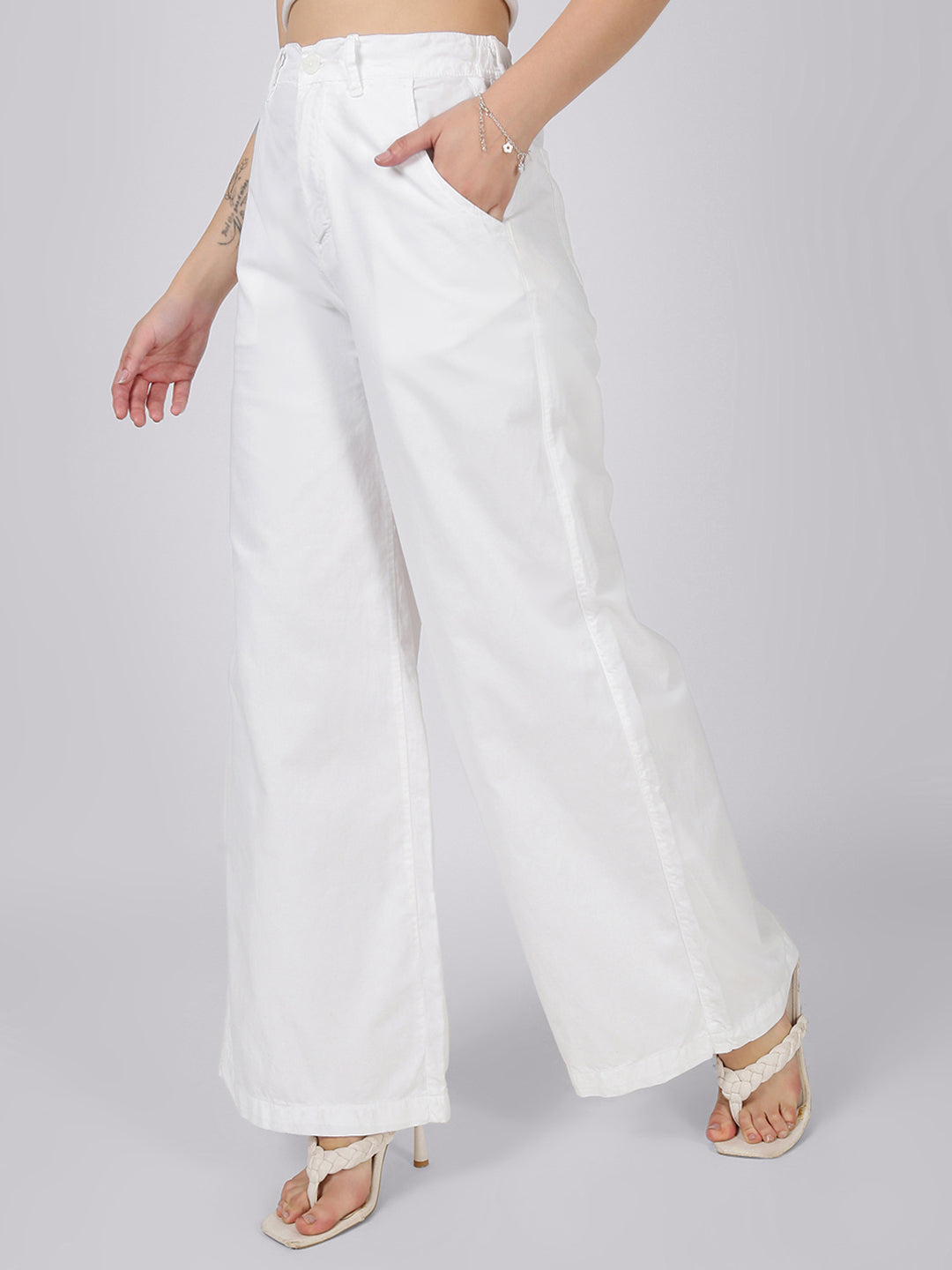 Women Wide Leg White Casual Trouser