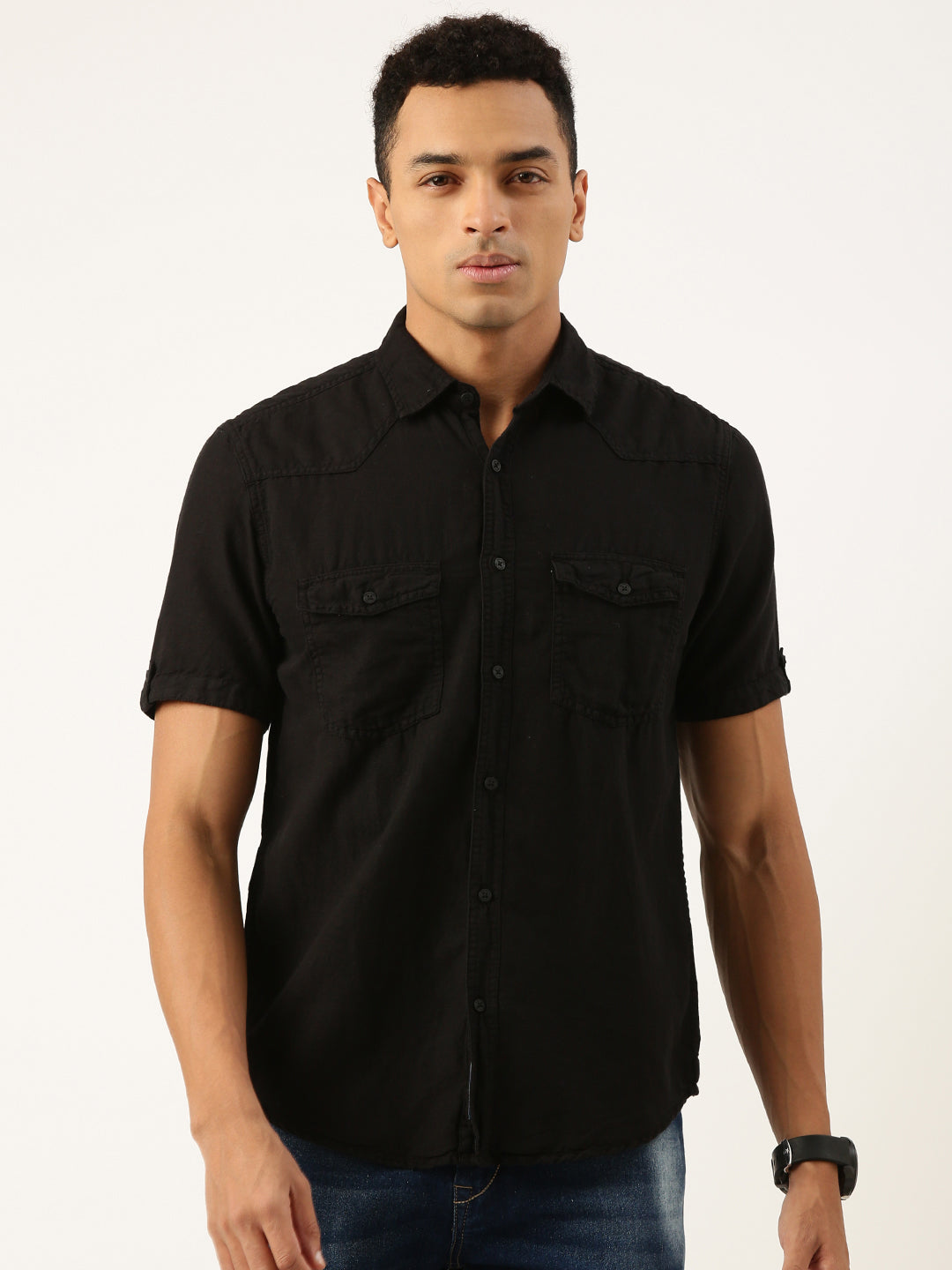 Men Black Regular Fit Solid Casual Shirt