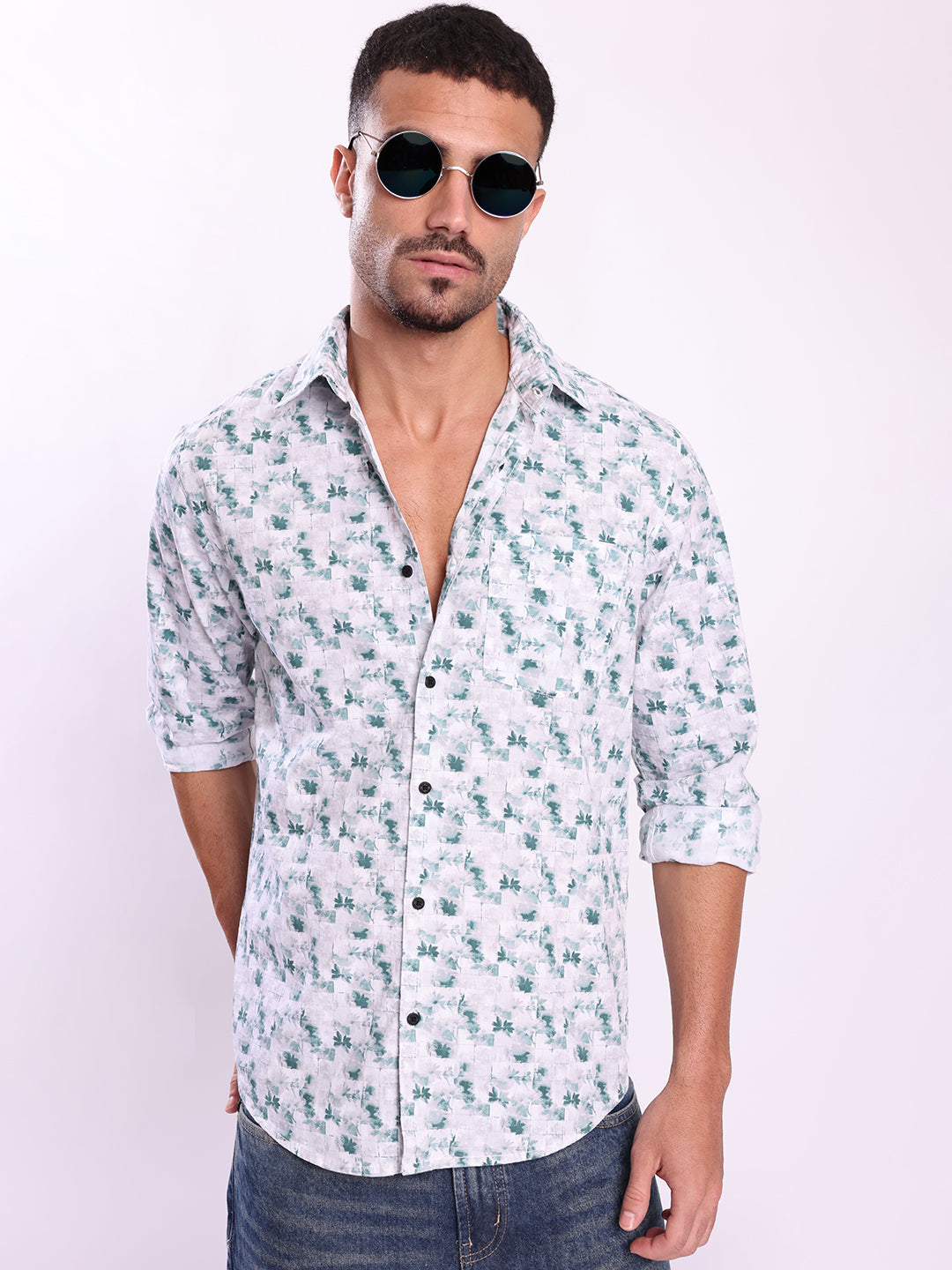 Men Green Floral Print Shirt