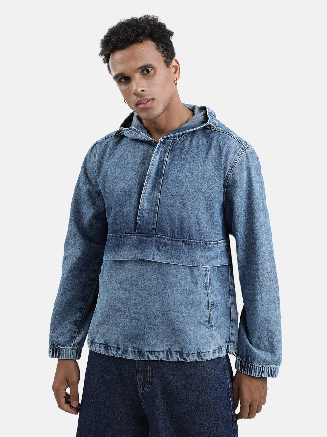 Men Blue Relaxed Fit Solid Denim Jacket with Top Stoppers