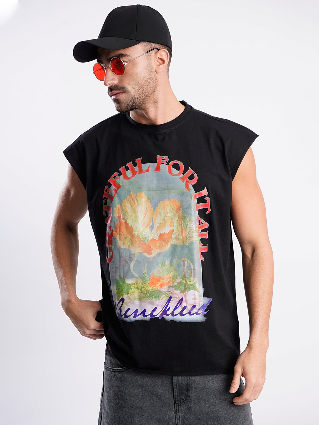 Men Black Sleeveless Graphic Oversized T Shirt