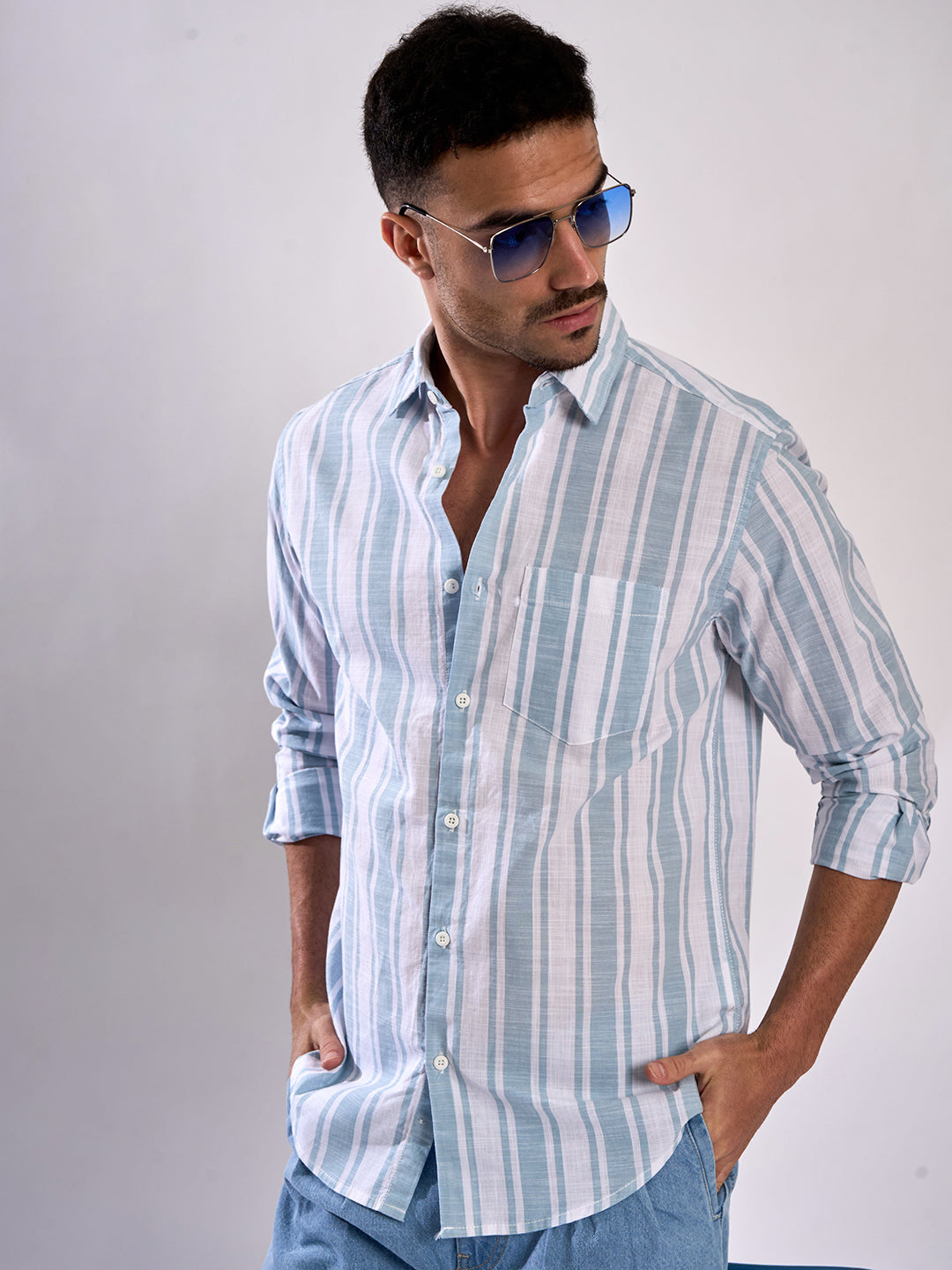 Men Turquoise Striped Single Pocket Shirt