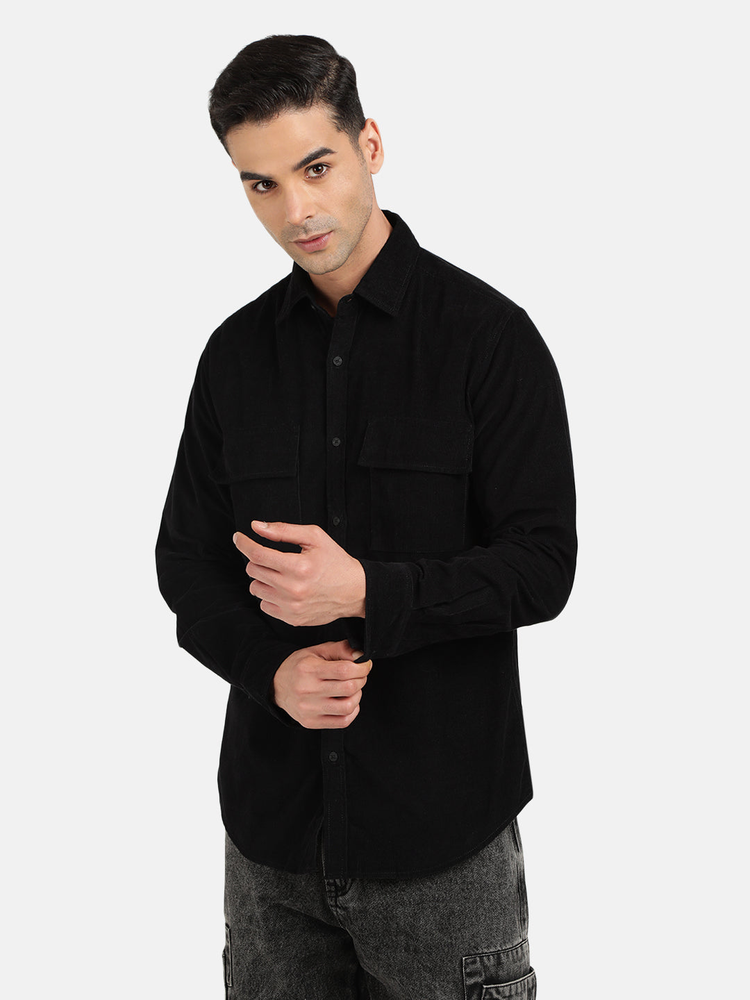 Men Black Corduroy Casual Shirt with Double Chest Flap Pocket