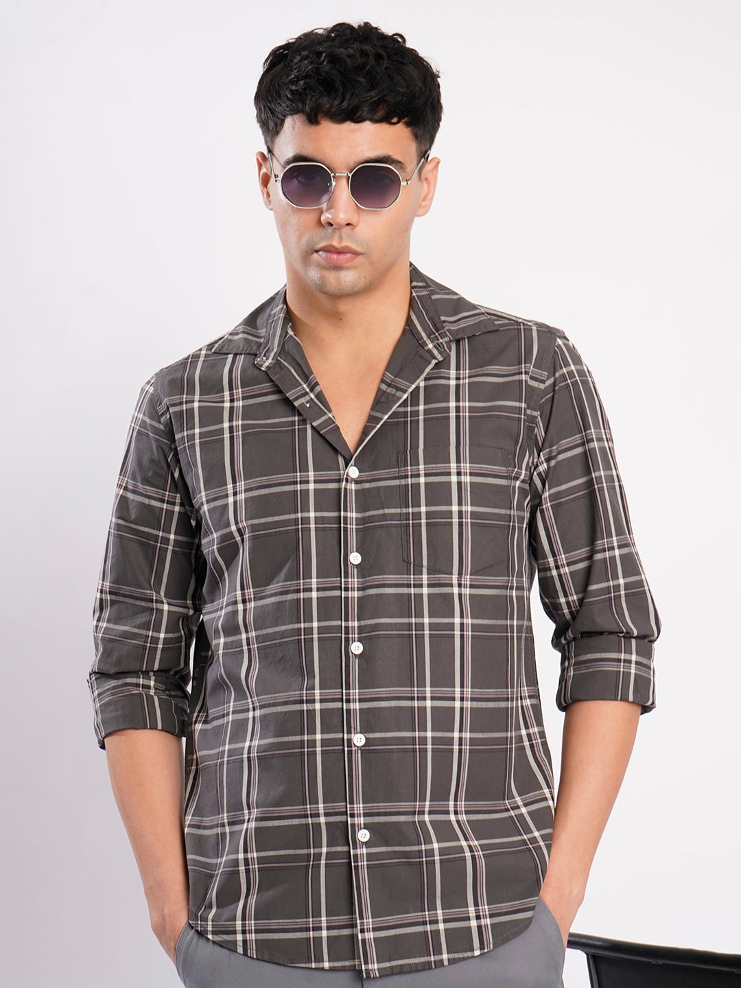 Men Grey Checked Single Pocket Shirt