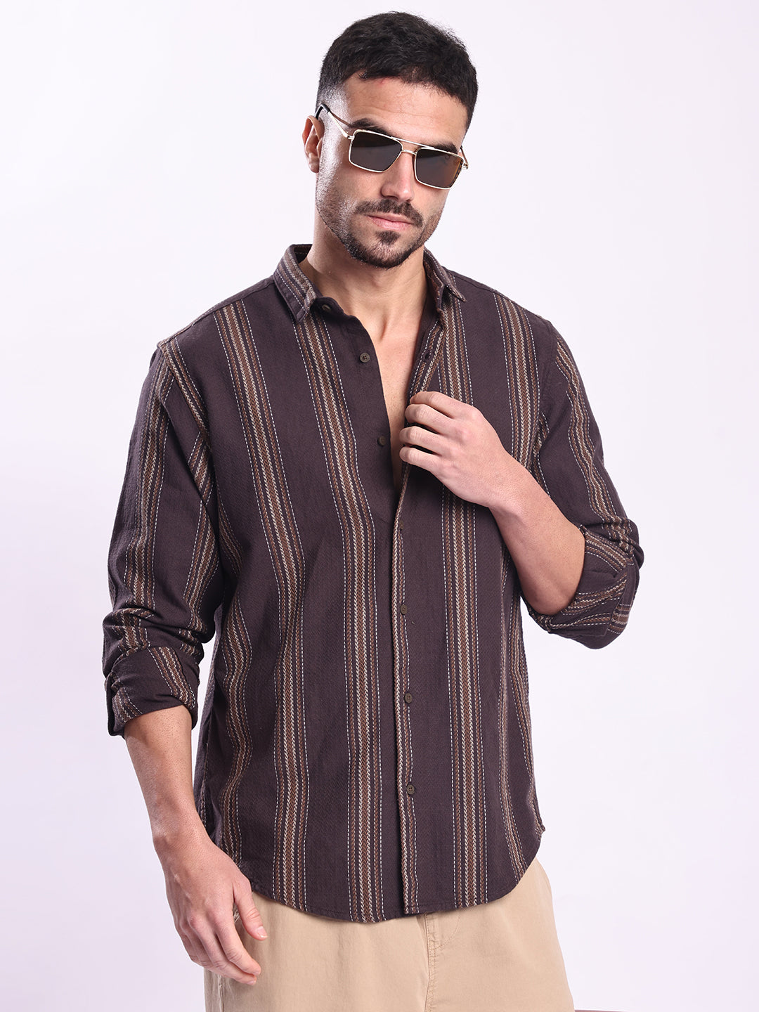 Men Brown Striped Casual Shirt