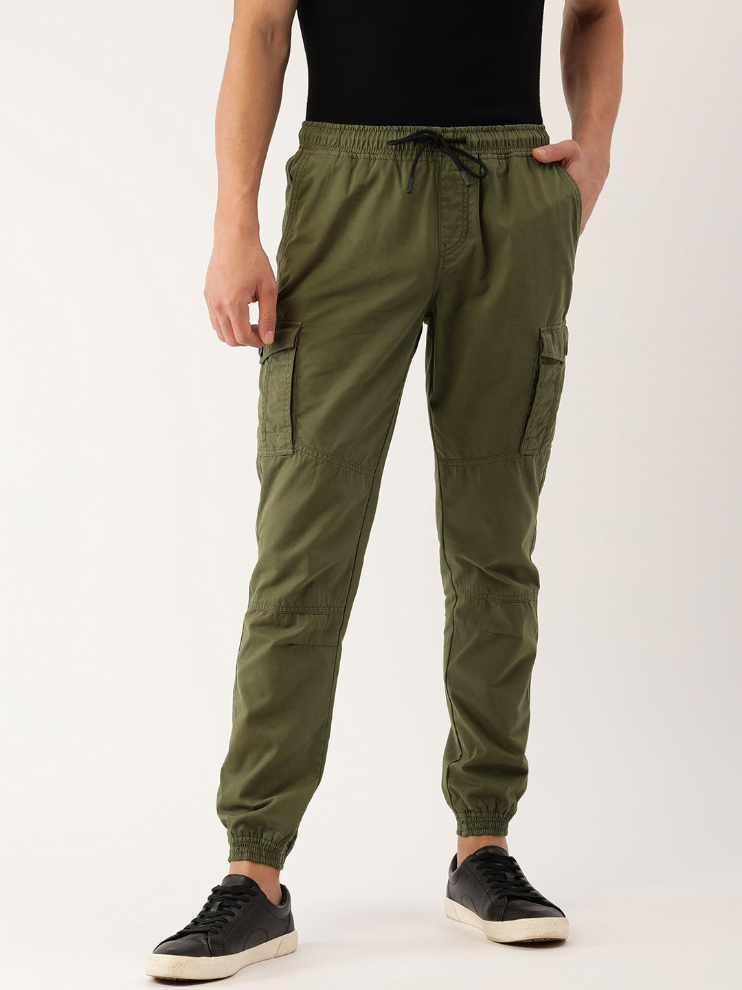 Men Olive Regular Fit Solid Cargo Jogger