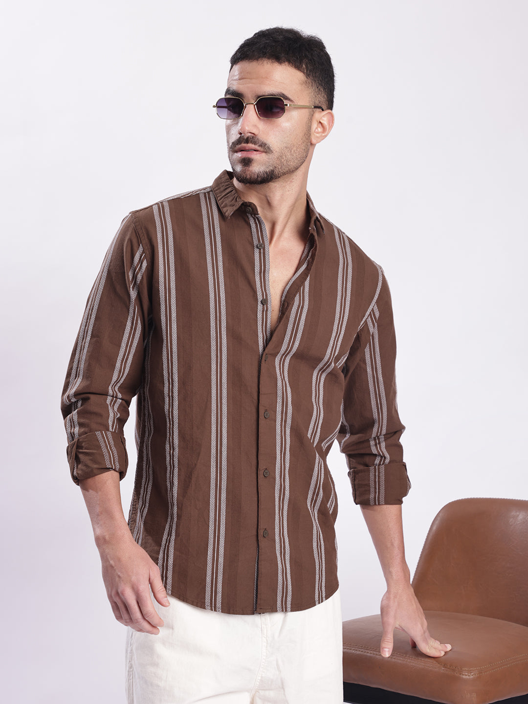 Men Brown Striped Casual Shirt