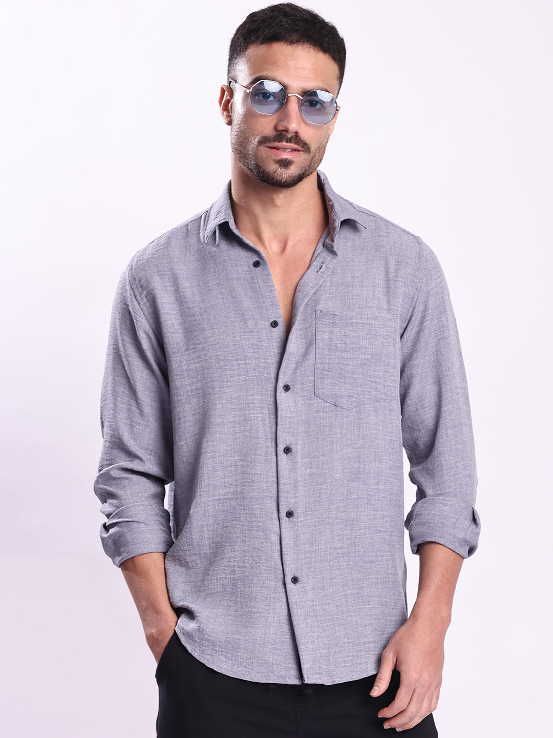 Men Blue Single Pocket textured Casual Shirt