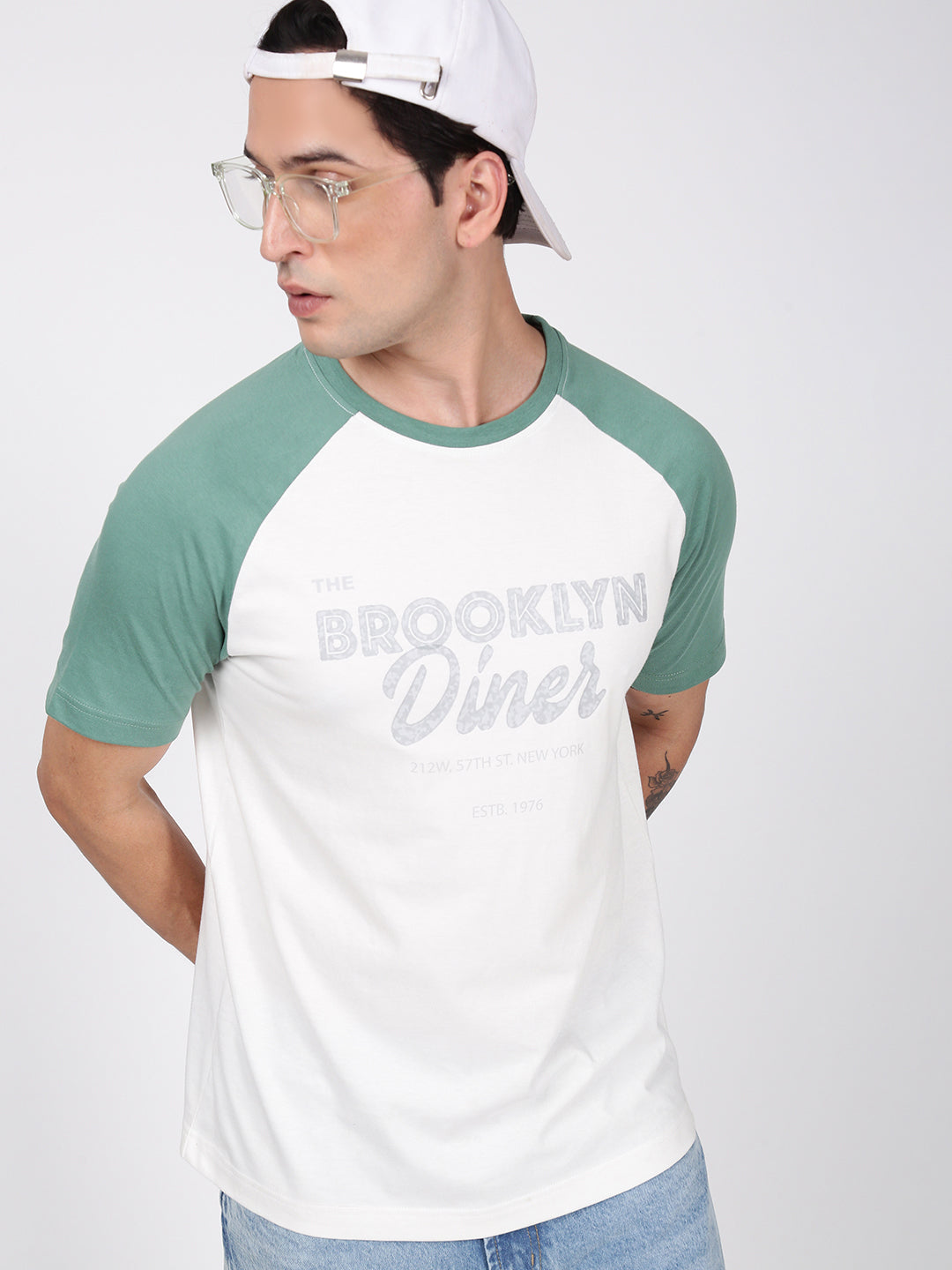 Men Off white and Green Raglan-Sleeve Typography Tshirt