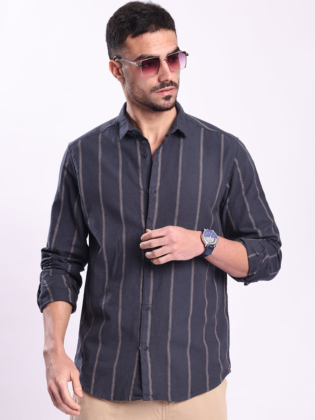 Men Navy Striped Casual Shirt