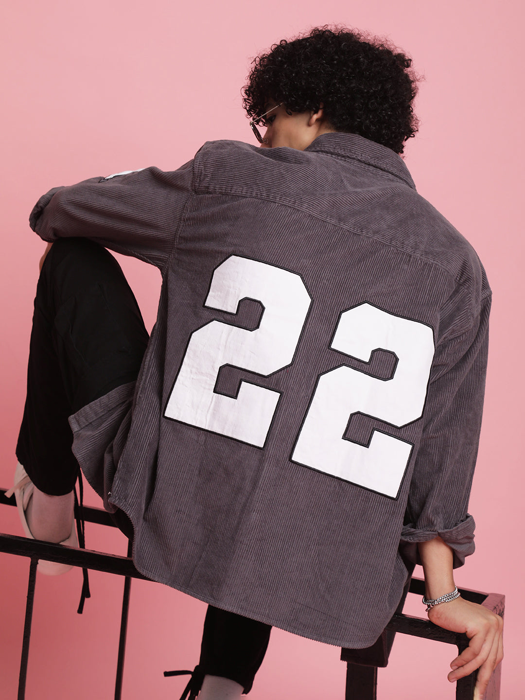 Men Grey Varsity Patchwork Corduroy Printed  Jacket