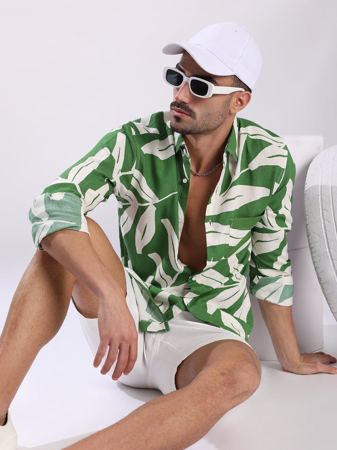 Men Green and White Abstract Print Linen Shirt