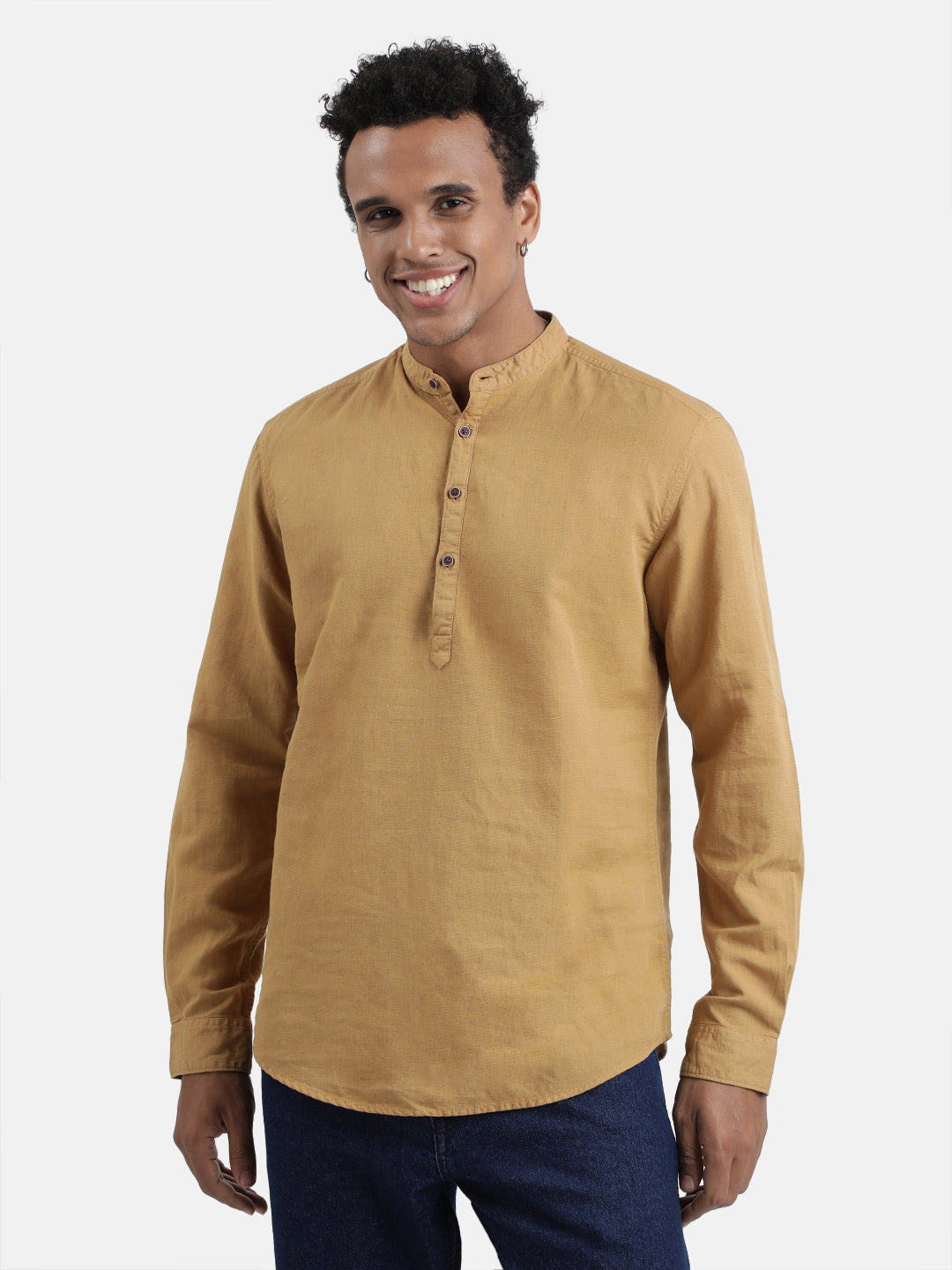 Men Cotton Linen Mandarin Collar Short Kurta