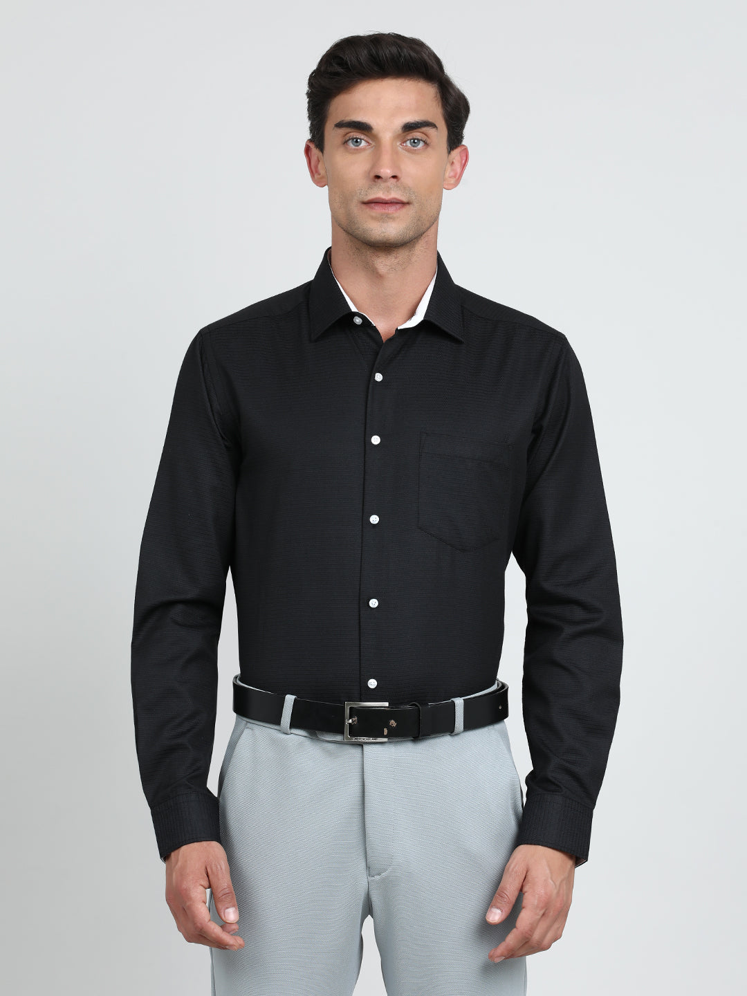 Men Black Regular Fit Textured Poly Cotton Formal Shirt