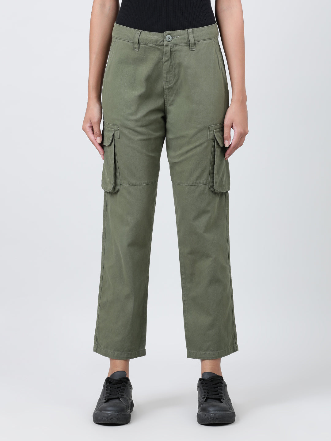  Women Solid Mid Rise Pure Cotton Olive Cargo Trouser