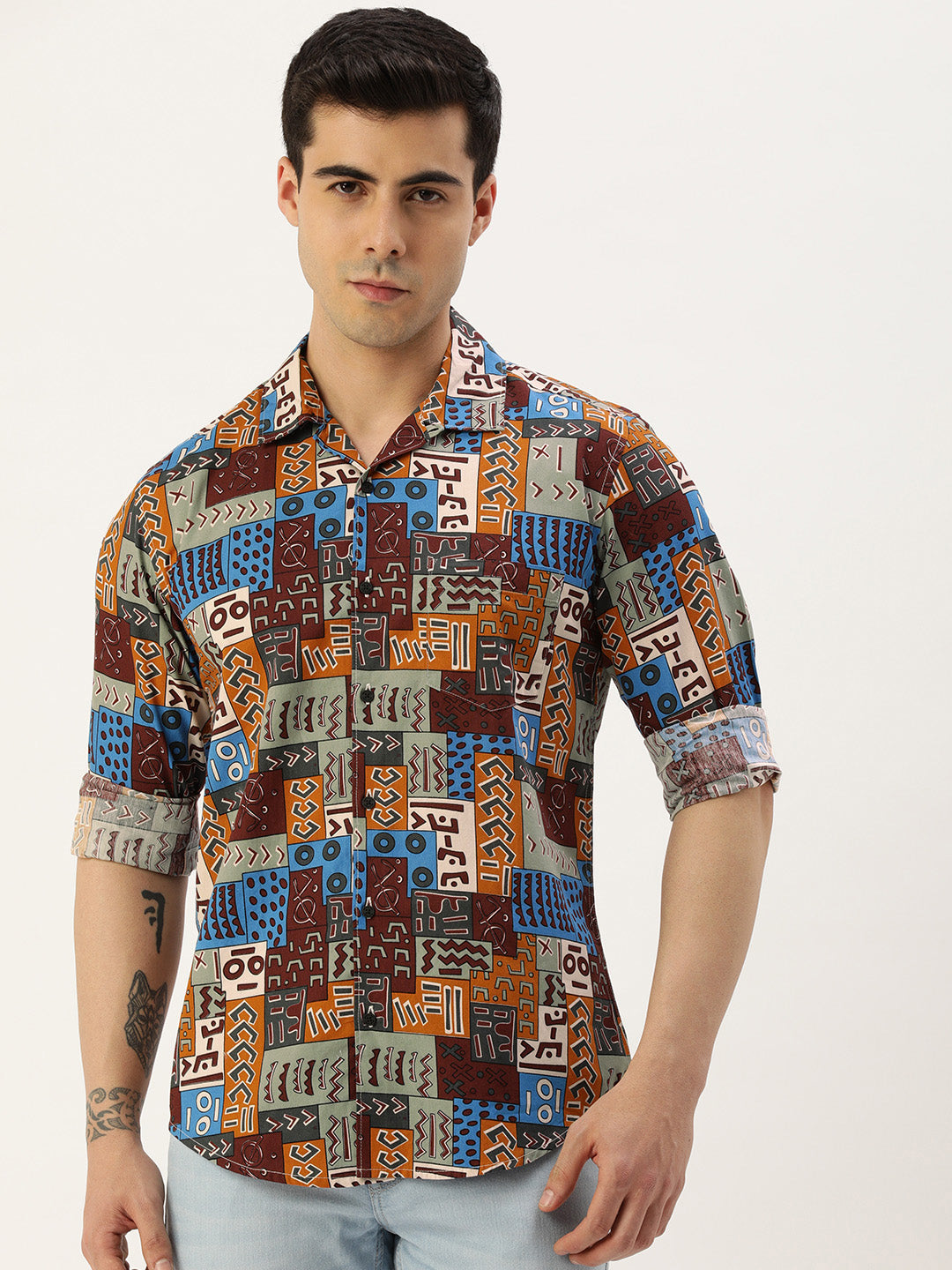 Men Maroon/Cream Slim Fit Tribal Casual Shirt