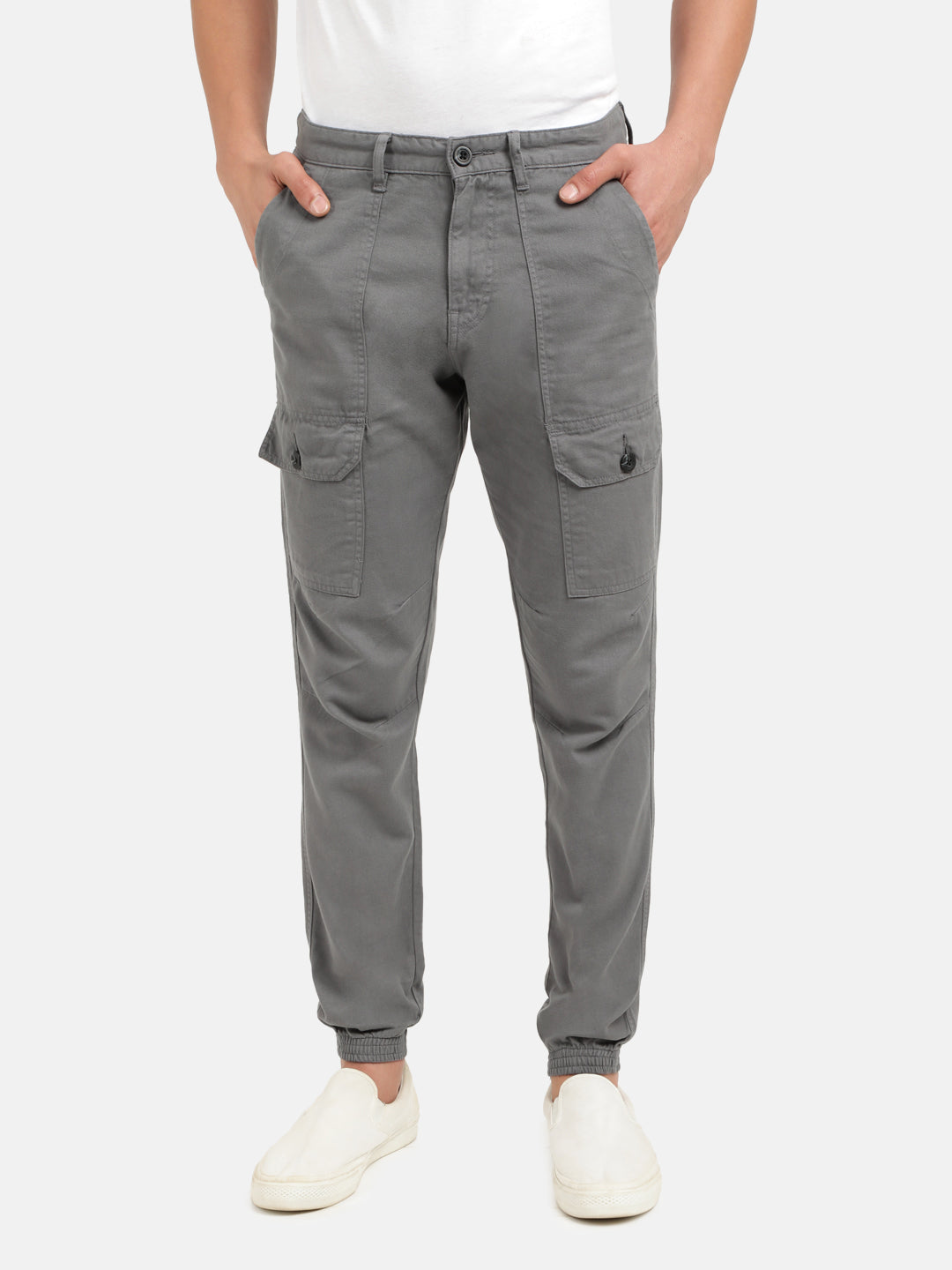 Men Light Grey Slim Fit Solid Cargo Trouser