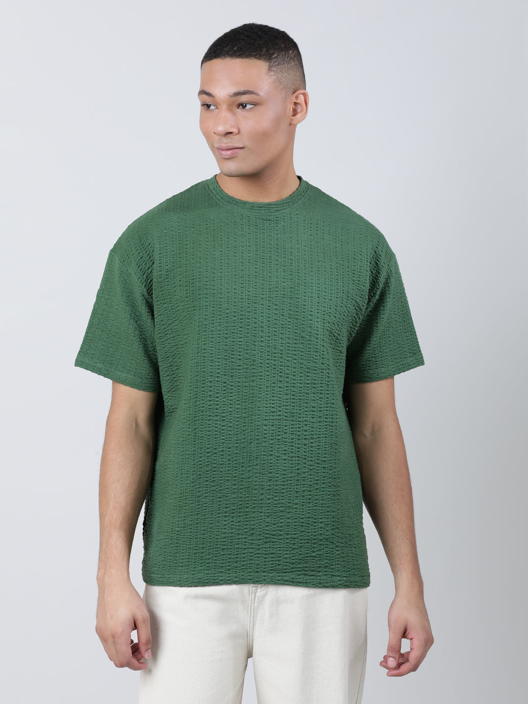 Men Bottle Green Oversized Knit Seersucker Solid T-Shirt