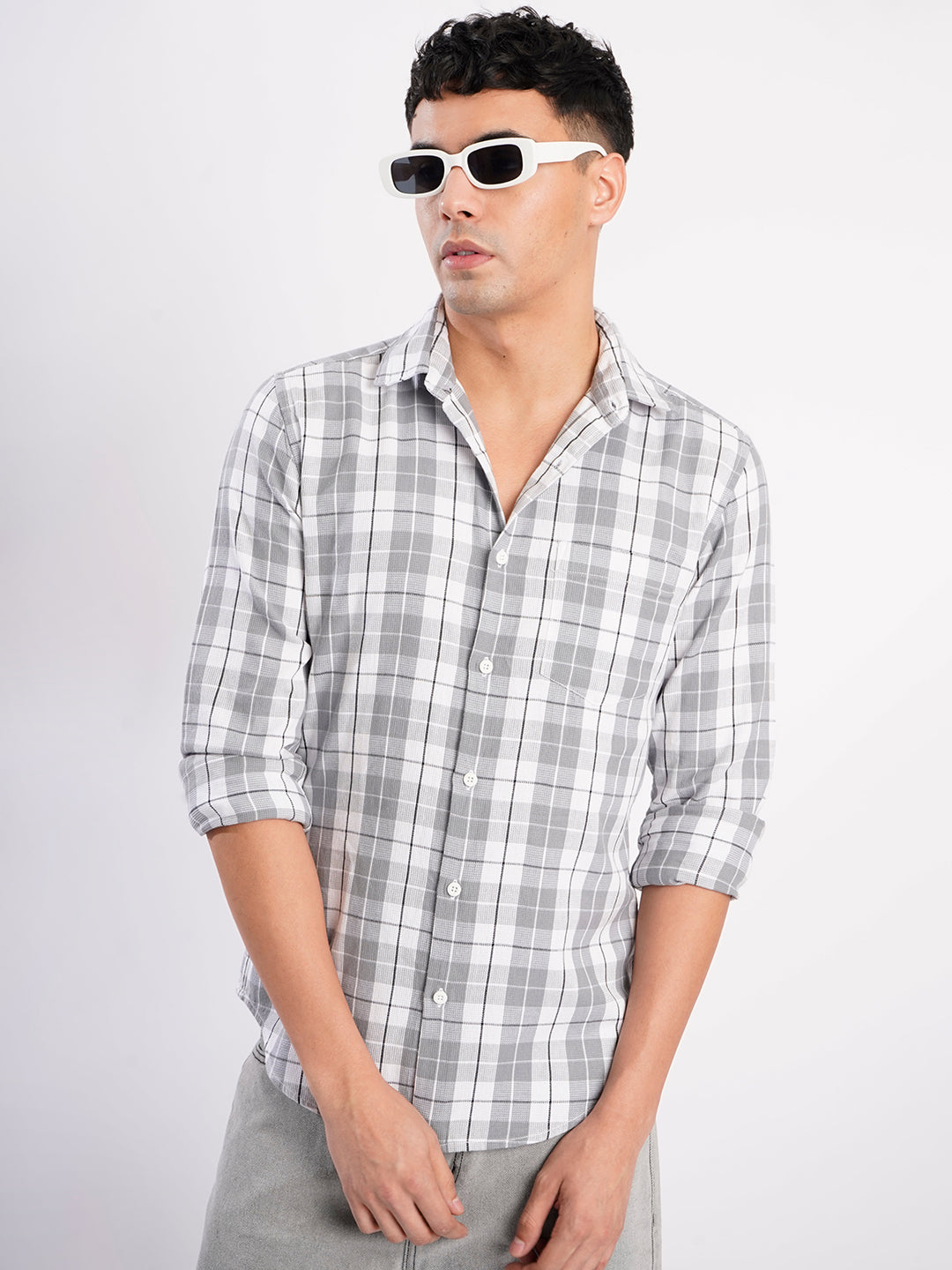 Men Grey Checked Single Pocket Shirt