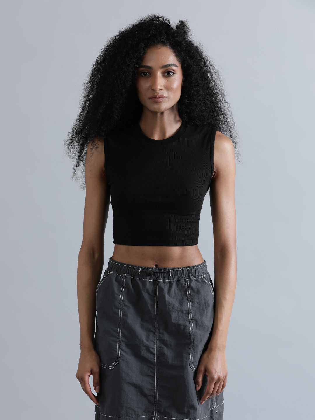 Women High Neck Ribbed Fitted Crop Top