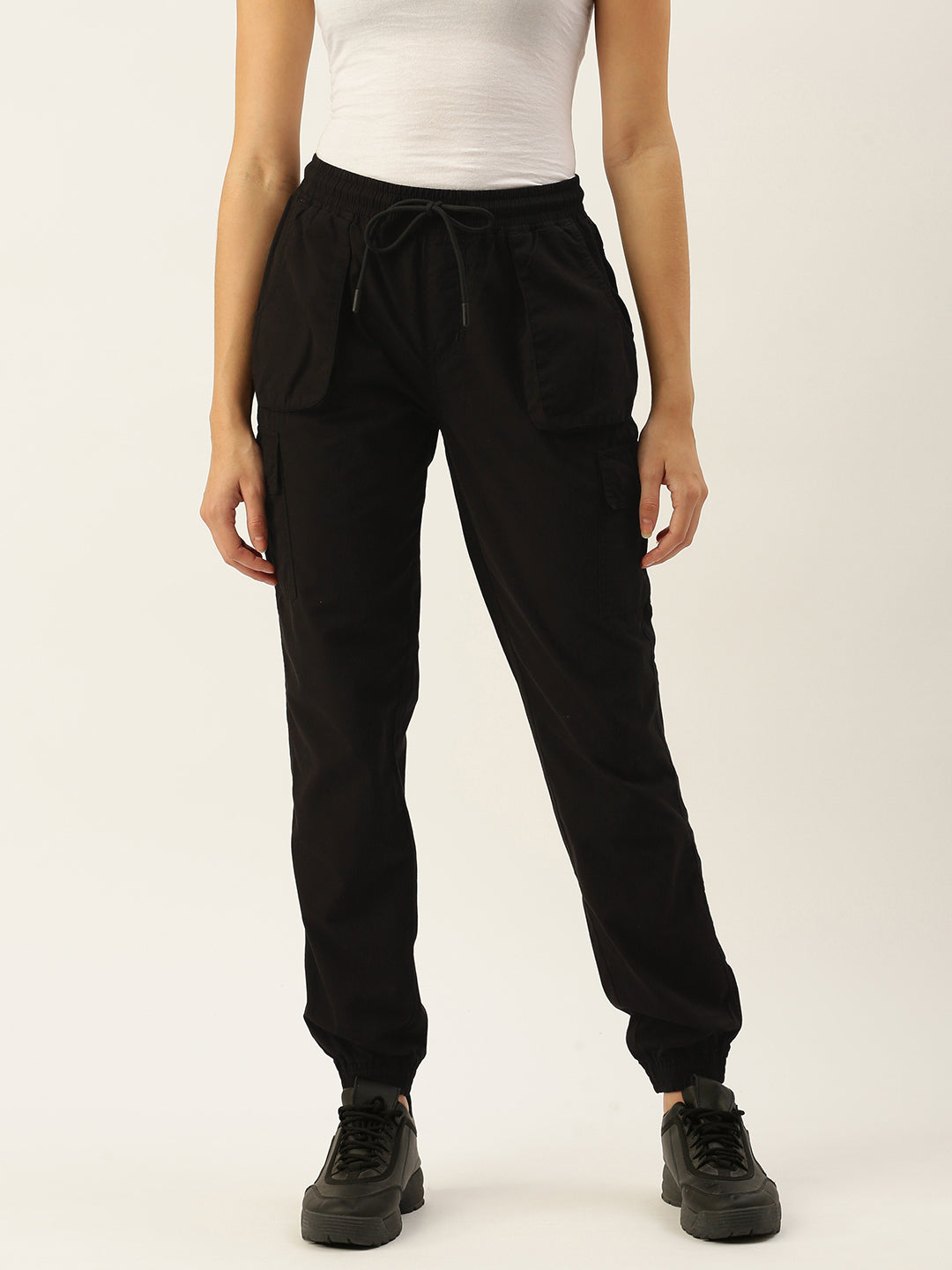 Women Black Regular Fit Solid Cargo Joggers