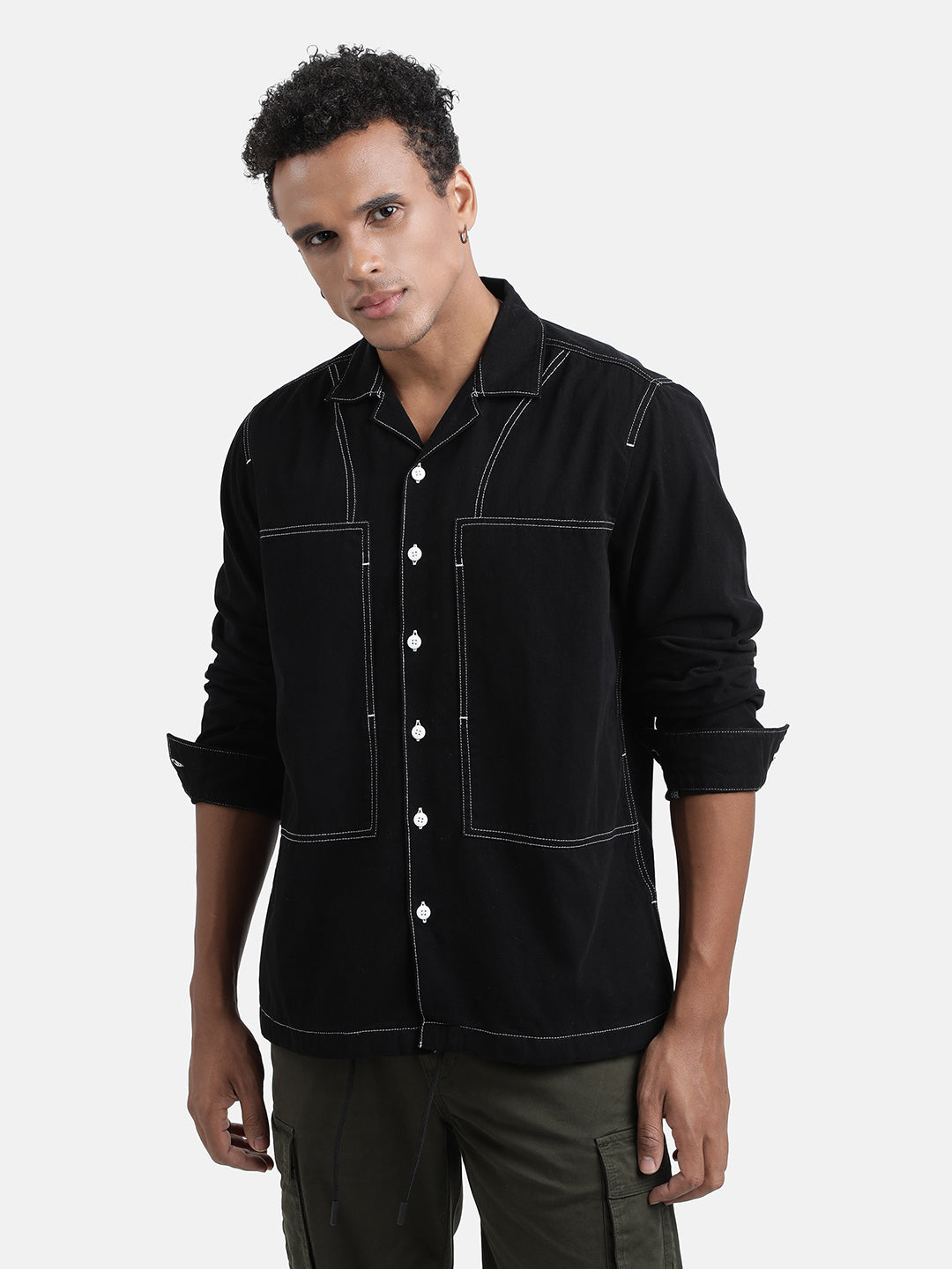 Men Black Relaxed Fit Resort Collar Solid Jacket with Contrast Stitch
