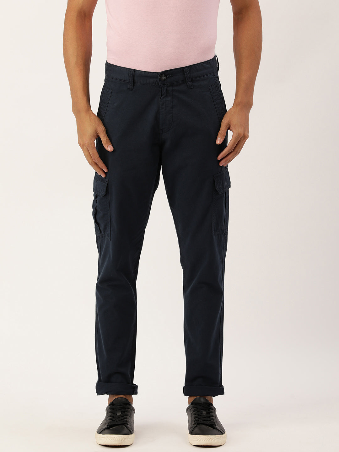 Men Navy Blue Slim Fit Solid Cargo Trouser