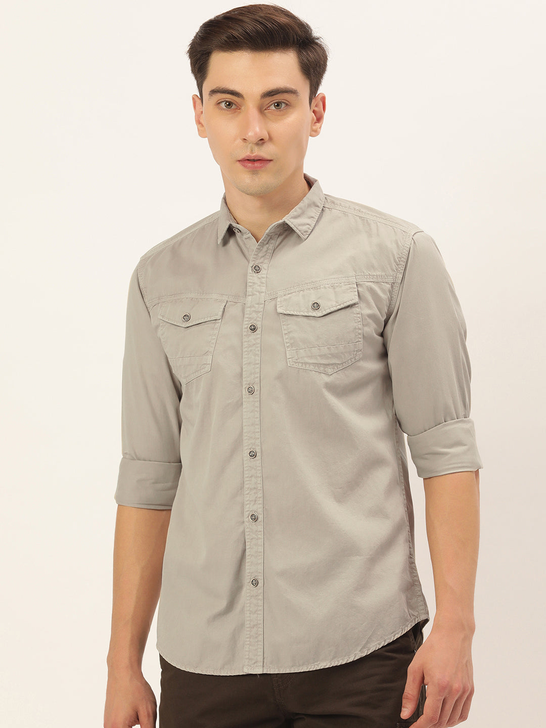 Men Silver Grey Slim Fit Solid Casual Shirt