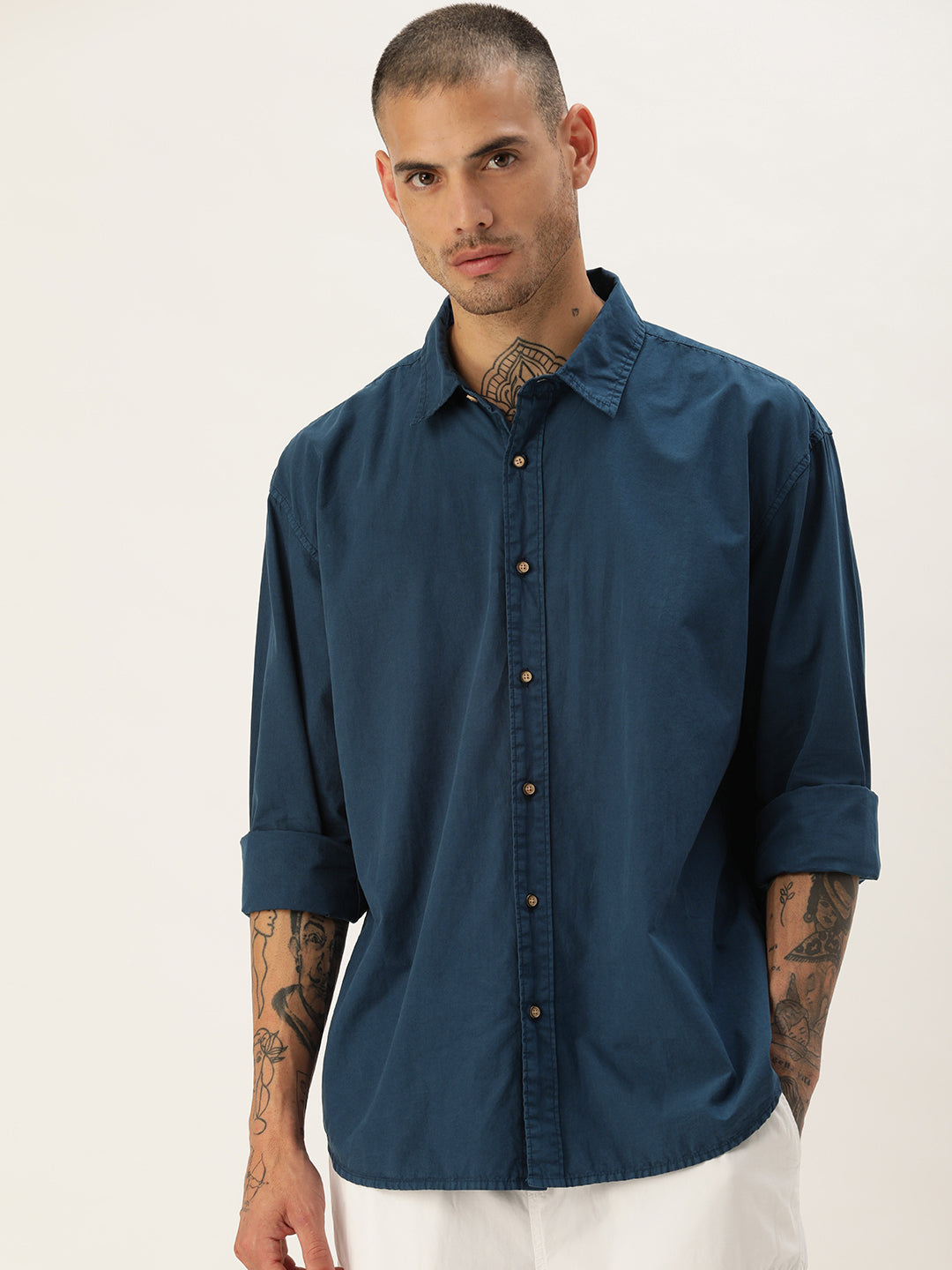 Gender Fluid Navy Blue Solid Oversized Casual Shirt