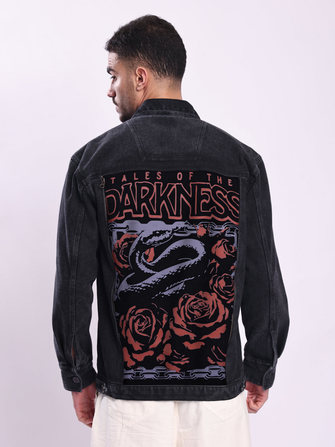 Men Black Detachable Back Print Panel Denim Jacket