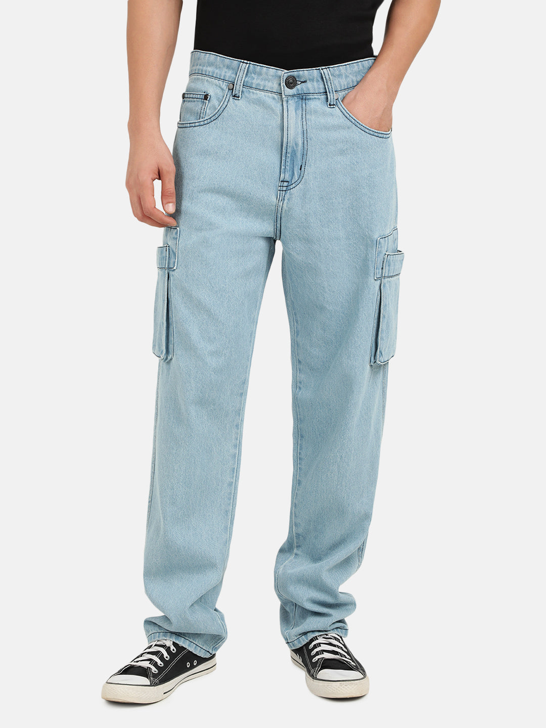 Men Light Blue Straight Fit Solid Denim Cargo Jeans