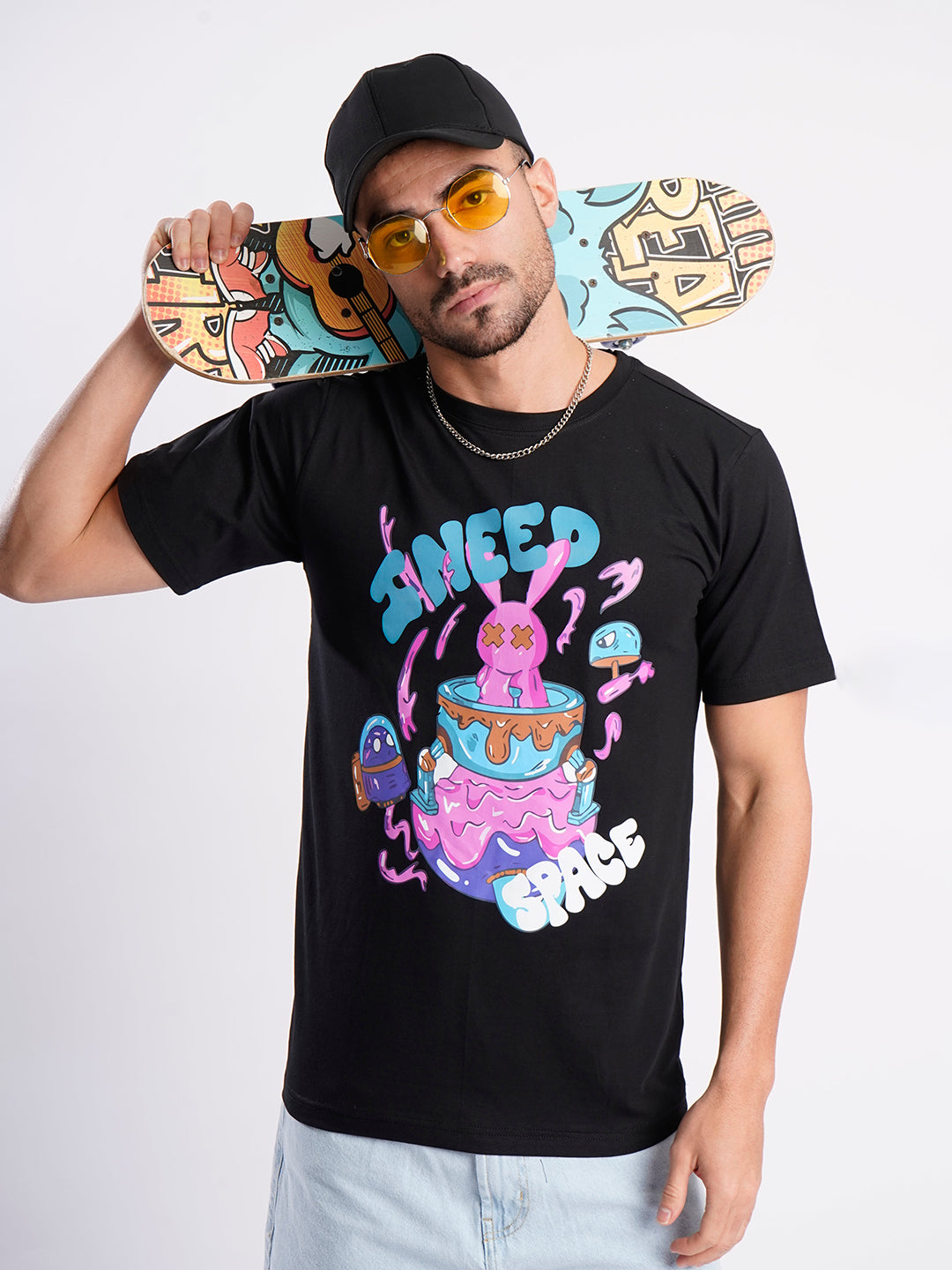 Men Black Cotton Lycra Graphic Print T Shirt