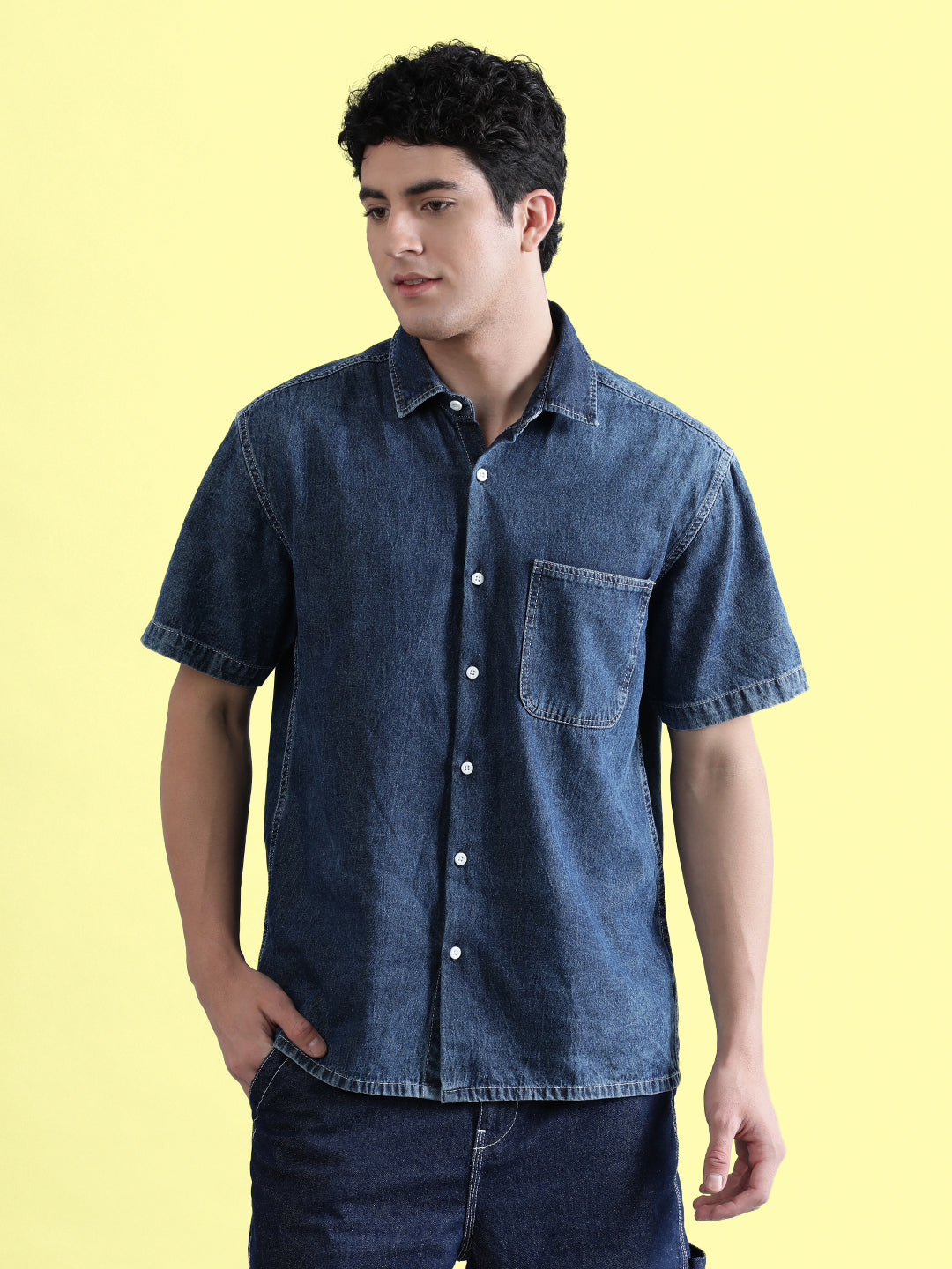 Men Dark Blue Boxy Fit Half Sleeves Denim Shirt with Contrast Stitch