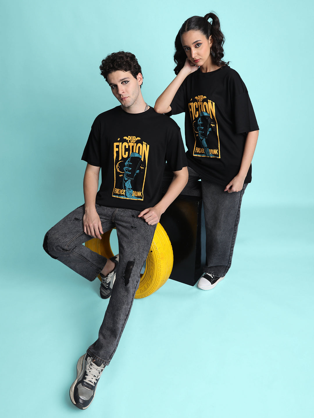 Gender Fluid Oversize Fit  Black Pub Fiction Puff Print T Shirt