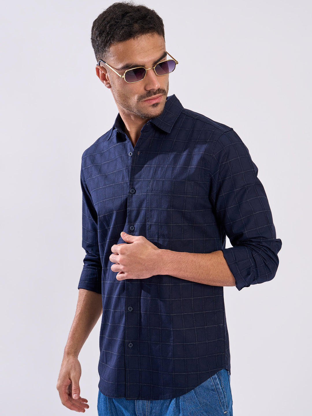 Men Navy Checked Single Pocket Shirt