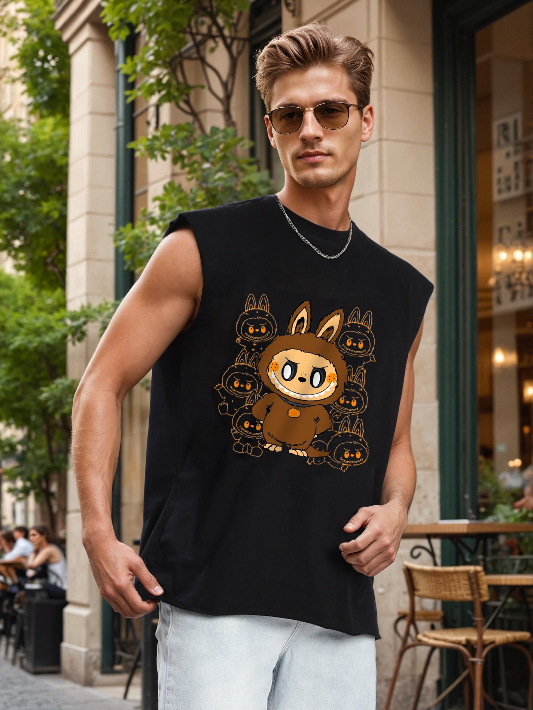 Men Black Sleeveless Graphic Oversized T Shirt